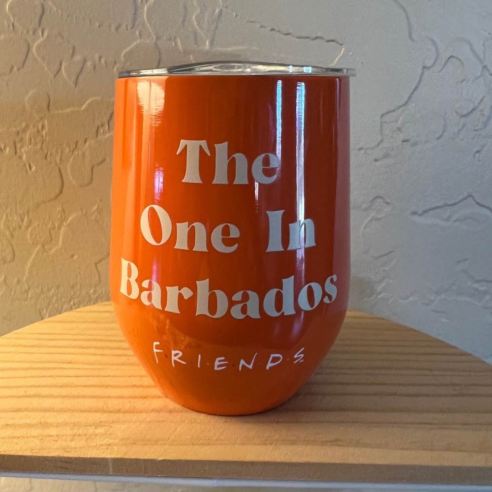 Friends CultureFly Travel Tumbler Cup Lid Orange Barbados Ross Monica New